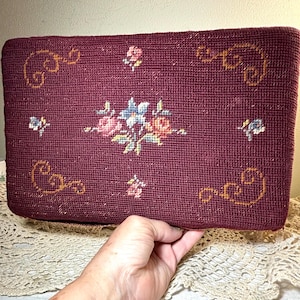 Vintage Needlepoint Footstool Hand Stitched Mid Century Wooden Legs, Cottage decor