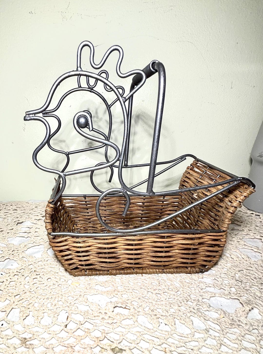 Vintage Wire Chicken Basket: Farmhouse Kitchen Egg Holder With Wicker ...