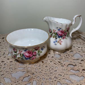 1950 Vintage Royal Albert Creamer and Open Sugar Bowl Set pattern Moss Rose