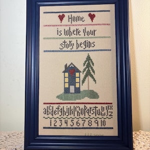 Vintage Framed Cross Stitch Sampler – “Home Is Where Your Story Begins” – Country Cottage Wall Art – Handmade Primitive Decor