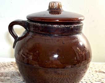Vintage Brown Drip Glaze Bean Pot with Lid – Mid Century Stoneware Kitchenware