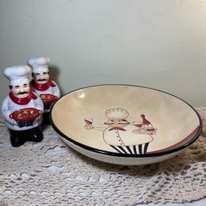 Whimsical Italian Chef Ceramic Bowl & Salt Pepper Shaker Set  Vintage Tuscan Kitchen Decor, Wine Chef Figurines