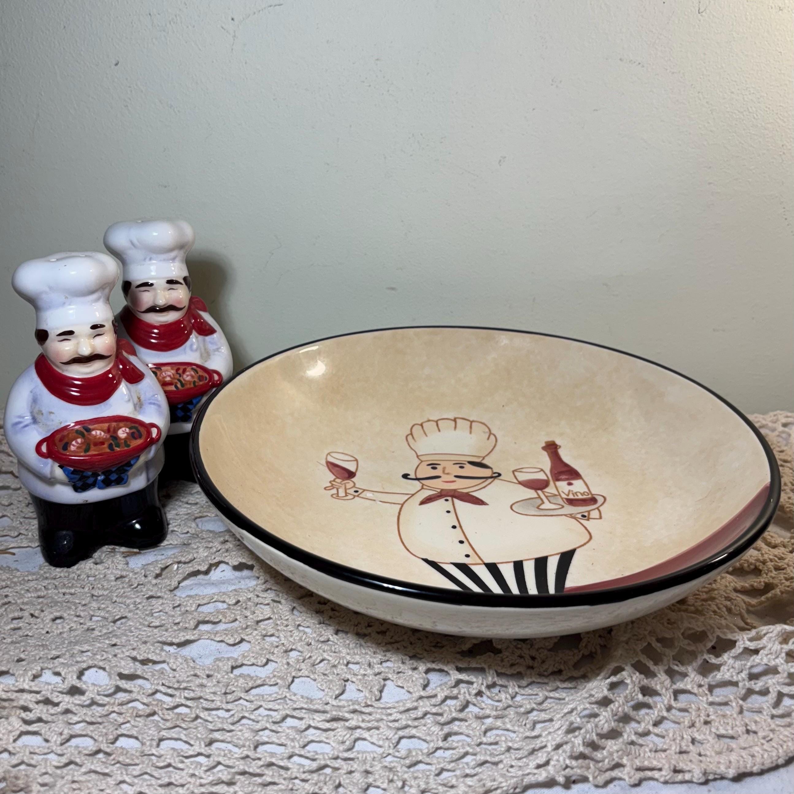 Whimsical Italian Chef Ceramic Bowl & Salt Pepper Shaker Set  Vintage Tuscan Kitchen Decor, Wine Chef Figurines