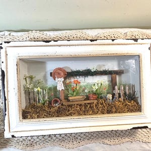 Vintage Garden Shadow Box Diorama – Miniature Spring Scene in Distressed Frame