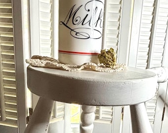 Vintage Style White Milking Stool | Primitive Farmhouse Decor | Distressed Wooden Stool | Cottage Riser | Rustic Country Accent