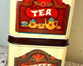 Vintage 1970s Cheinco Coffee & Tea Canisters | Retro Metal Kitchen Storage | Farmhouse Pantry Decor