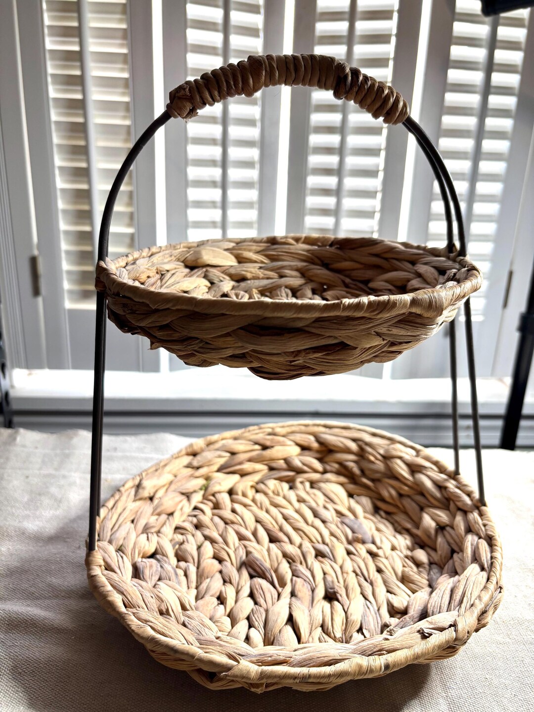 Rustic Two Tier Woven Basket Stand | Farmhouse Countertop Organizer ...