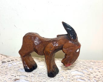 Hand-Carved Wooden Donkey Figurine – Mid-Century Folk Art Decor