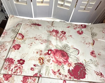 Vintage Waverly Reversible Placemats Set of 4, Rose Floral Cottagecore Table Linens, Burgundy Stripe Back, Farmhouse Dining Decor
