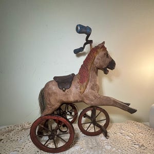 Vintage Wooden Horse Tricycle – Folk Art Primitive Décor, Carved Horse with Metal Wheels