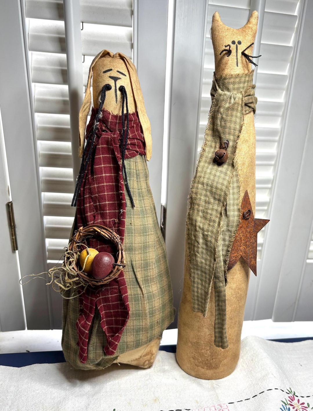 Rustic Dolls Primitive Folk Art Cloth Dolls Pair | Signed Handmade Country Rabbit ...