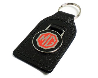 MG Rot Gold Achteck auf Schwarz British Sports Car Collector Handgefertigte Schwarze Leder Schlüsselanhänger