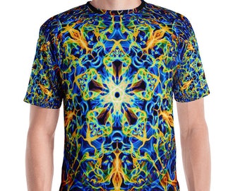 Psichedelico camicia, camicia di Mandala, entusiastiche camicie, camicie Trippy, camicia Festival, Chakra camicia, camicia di geometria sacra, Pentagram, blu, oro