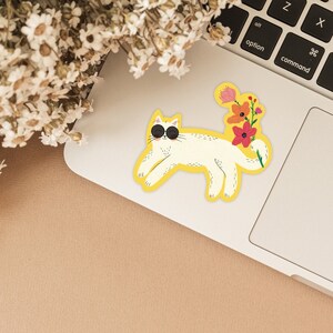 Cute Cat Sticker / White Cat Sticker / Water Bottle Cat Sticker / Flower and Sunglasses Cat Sticker