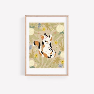 Calico Cat Art Print, calico cat gift, cat loss gift, cat themed gifts for women, cat art print, floral cat wall art image 1