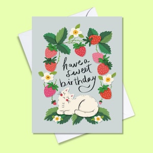 Carte d'anniversaire de chat, carte de chat de joyeux anniversaire, carte d'anniversaire unique, plants de fraises, carte d'anniversaire pour elle, souhaits d'anniversaire doux