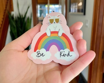 Vinylsticker regenboog kat, schattige laptopsticker