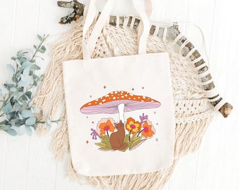 Bolso de lona con diseño de gato y setas, estilo shopper floral.