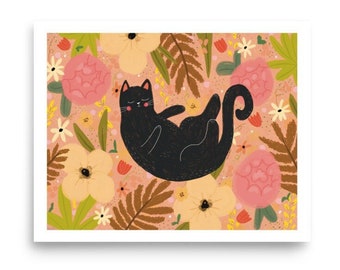 Black Cat Floral Art Print, Whimsical Wall Hanging