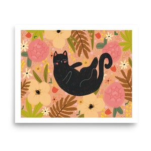Schwarze Katze Kunst, Geschenke mit Katzenmotiven, Katzen Kunst im Bad, Katzen und Pflanzen, Katzen Boho Kunstdruck, Wandbehang mit schwarzer Katze