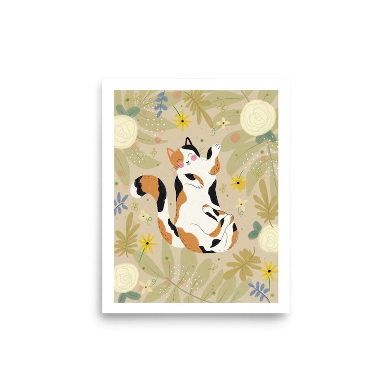 Calico Cat Art Print, calico cat gift, cat loss gift, cat themed gifts for women, cat art print, floral cat wall art image 2