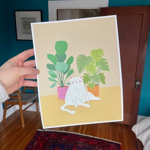White Cat Art Print / White Cat Illustration / Cat Lover Artwork / Cat and House Plants Wall Art image 3