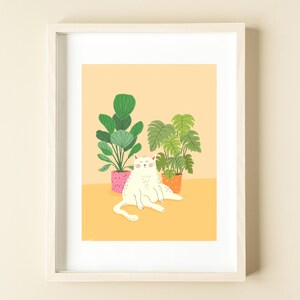 White Cat Art Print / White Cat Illustration / Cat Lover Artwork / Cat and House Plants Wall Art image 2