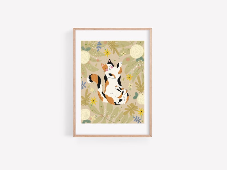 Calico Cat Art Print, calico cat gift, cat loss gift, cat themed gifts for women, cat art print, floral cat wall art image 1