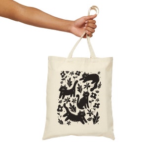 Bolso de mano de gato, bolso de mano de lona, comercio justo, bolso de lona, gatos, bolso de hombro, comprador, estampado de gato, regalo para ella, bolso de mano para mujer imagen 5