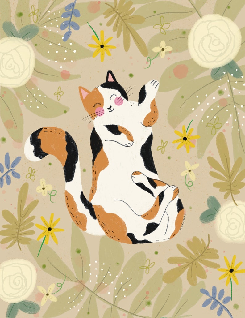 Calico Cat Art Print, calico cat gift, cat loss gift, cat themed gifts for women, cat art print, floral cat wall art image 5