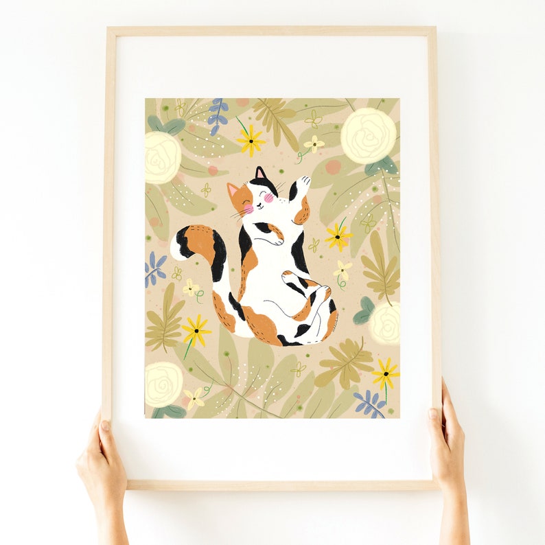 Calico Cat Art Print, calico cat gift, cat loss gift, cat themed gifts for women, cat art print, floral cat wall art image 3