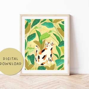 Cat Wall Art Printable, calico cat art, sage green wall art, digital art download
