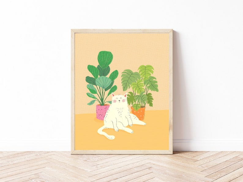 White Cat Art Print / White Cat Illustration / Cat Lover Artwork / Cat and House Plants Wall Art image 1