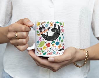 Floral Black Cat Mug, Whimsical Ceramic Coffee Cup, Cat Lover Gift