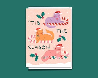 Whimsical Cat Christmas Card, Holiday Cat Lover Gift