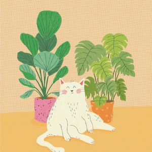 White Cat Art Print / White Cat Illustration / Cat Lover Artwork / Cat and House Plants Wall Art image 4