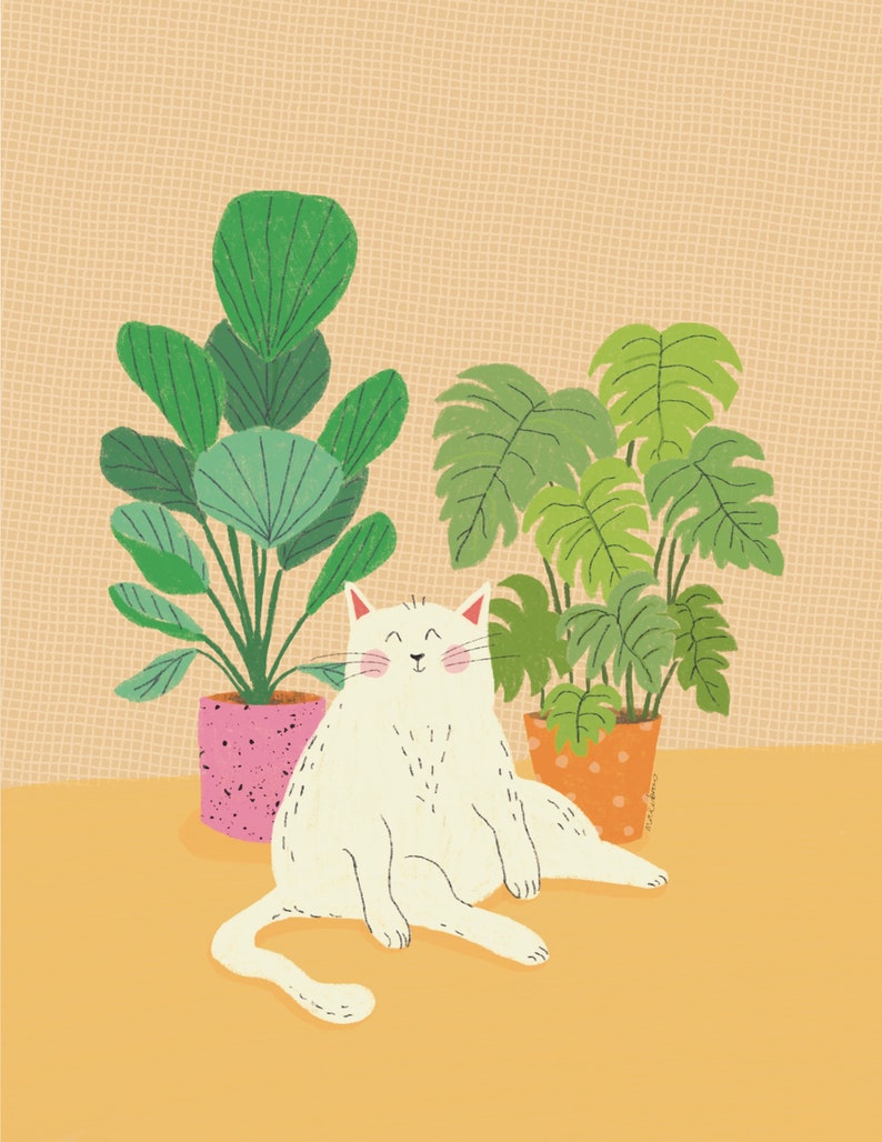 White Cat Art Print / White Cat Illustration / Cat Lover Artwork / Cat and House Plants Wall Art image 4