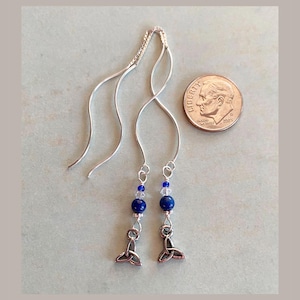 Celtic Ear Threads, Sterling Silver ‘Wavey Bar’ Threaders with Celtic Trinity Knot charm and Natural Stone Beads.