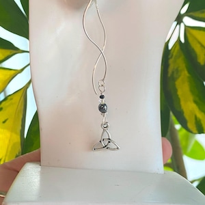 Celtic Ear Threads, Sterling Silver ‘Wavey Bar’, Threader Earrings, with Celtic Triquetra charm and Natural Gemstone beads.