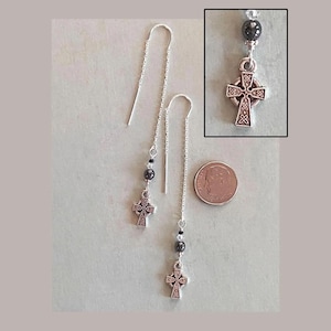 Celtic Ear Threads, Sterling Silver Threaders, with CELTIC CROSS Charms and Semi Precious Stones.