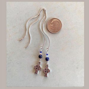 Celtic Ear Threads, Sterling Silver ‘Wavey Bar’ Threaders: Celtic Cross Charm and Natural Stone Beads.