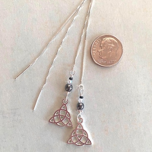 Sterling Silver 5 inch Ear Threads, Threaders, with 'Triquetra', Trinity Celtic Knot Work Charms and Semi Precious Stones.