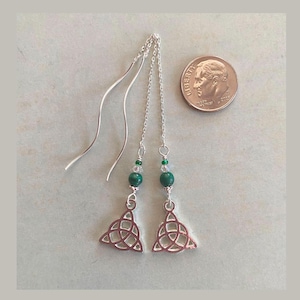 Celtic Ear Threads, Sterling Silver ‘Wavey Bar’ Threaders with Celtic Knot charm and natural gemstone beads.