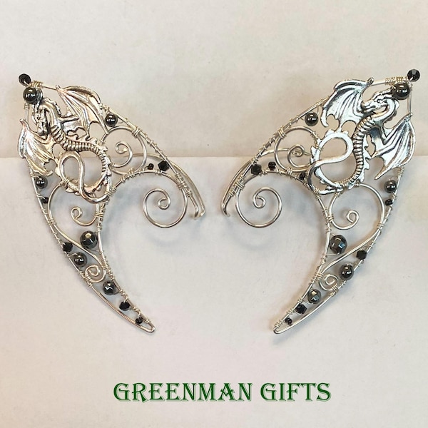 Pendientes de dragón de plata de ley: hematita, cristales, joyería de elfo ajustable