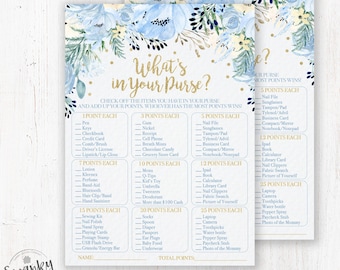 What's In Your Purse Baby Shower Game, Blue Floral and Gold, Boy Baby Shower Game, Shower Printable, Game for Baby Shower, Instant Download
