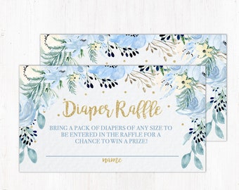 Blue Floral Diaper Raffle Ticket, Boy Diaper Raffle Insert, Baby Blue and Gold, Printable, Instant Download, Blue Flowers, Cream Floral