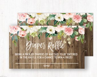 Rustic Floral Diaper Raffle Ticket, Foral Diaper Raffle Insert, Pink Flowers, Boho Diaper Raffle Ticket, Printable, Instant Download, Wood