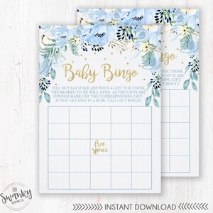 Blue Floral Baby Shower Bingo Card, Baby Boy Bingo Game, Blue Florals, Baby Bingo, Baby Shower Game, Shower Bingo Blank, Printable image 1