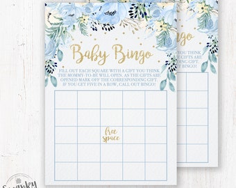 Blue Floral Baby Shower Bingo Card, Baby Boy Bingo Game, Blue Florals, Baby Bingo, Baby Shower Game, Shower Bingo Blank, Printable