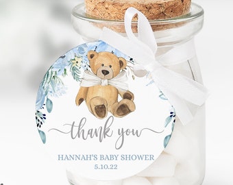 Bear Blue Floral Thank You Tags, Editable Thank you Tags for Baby Shower, Boy Baby Shower Favor Tags, Printable File, Instand Download